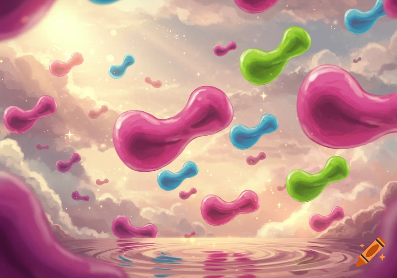 Glossy pink, blue, and green amoeba-like shapes float in a dreamy, cloudy sky above reflective water with ripples.