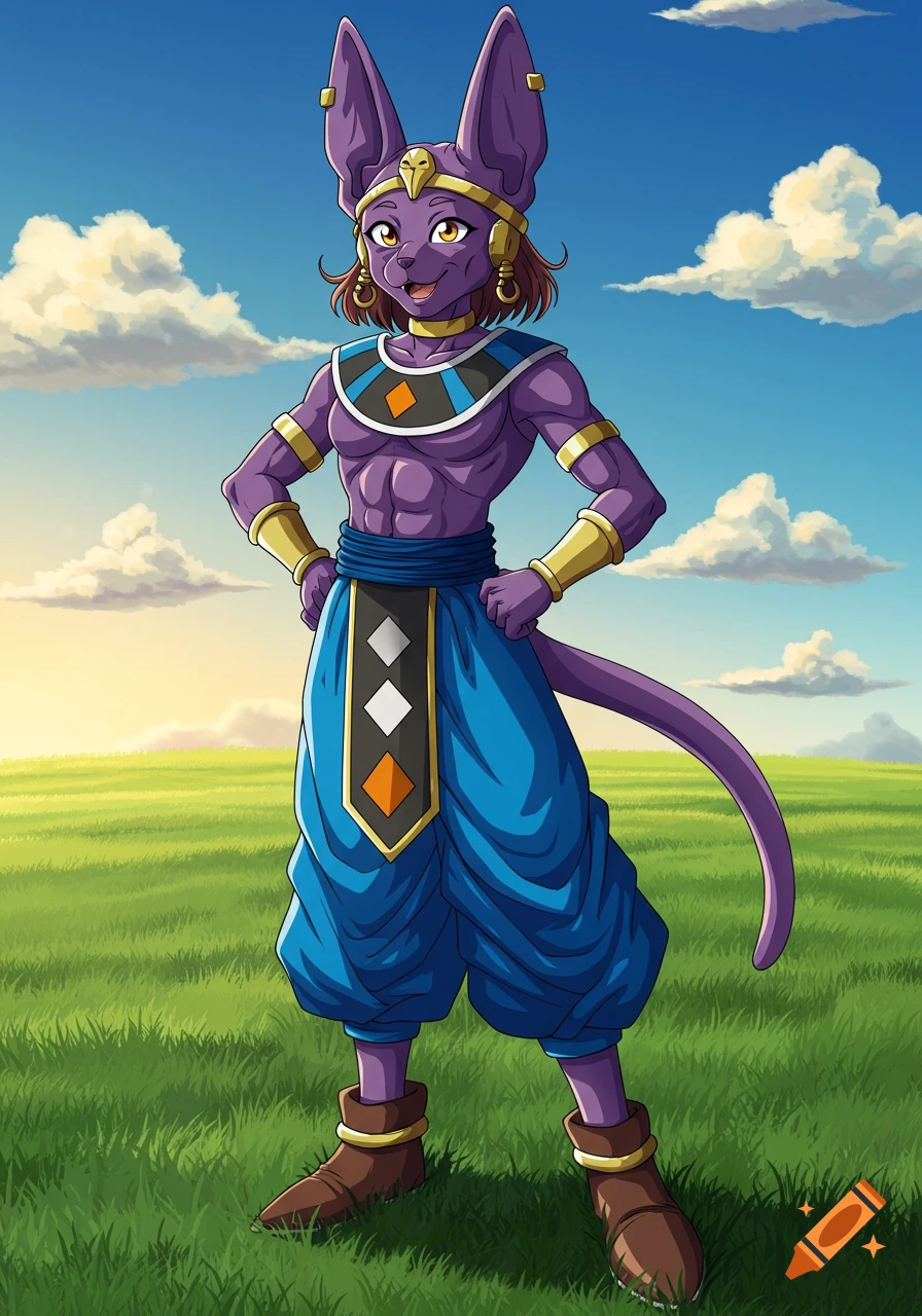 A muscular, purple-skinned, cat-eared female character with brown hair and gold armbands stands in a green field under a blue sky, in an anime style.