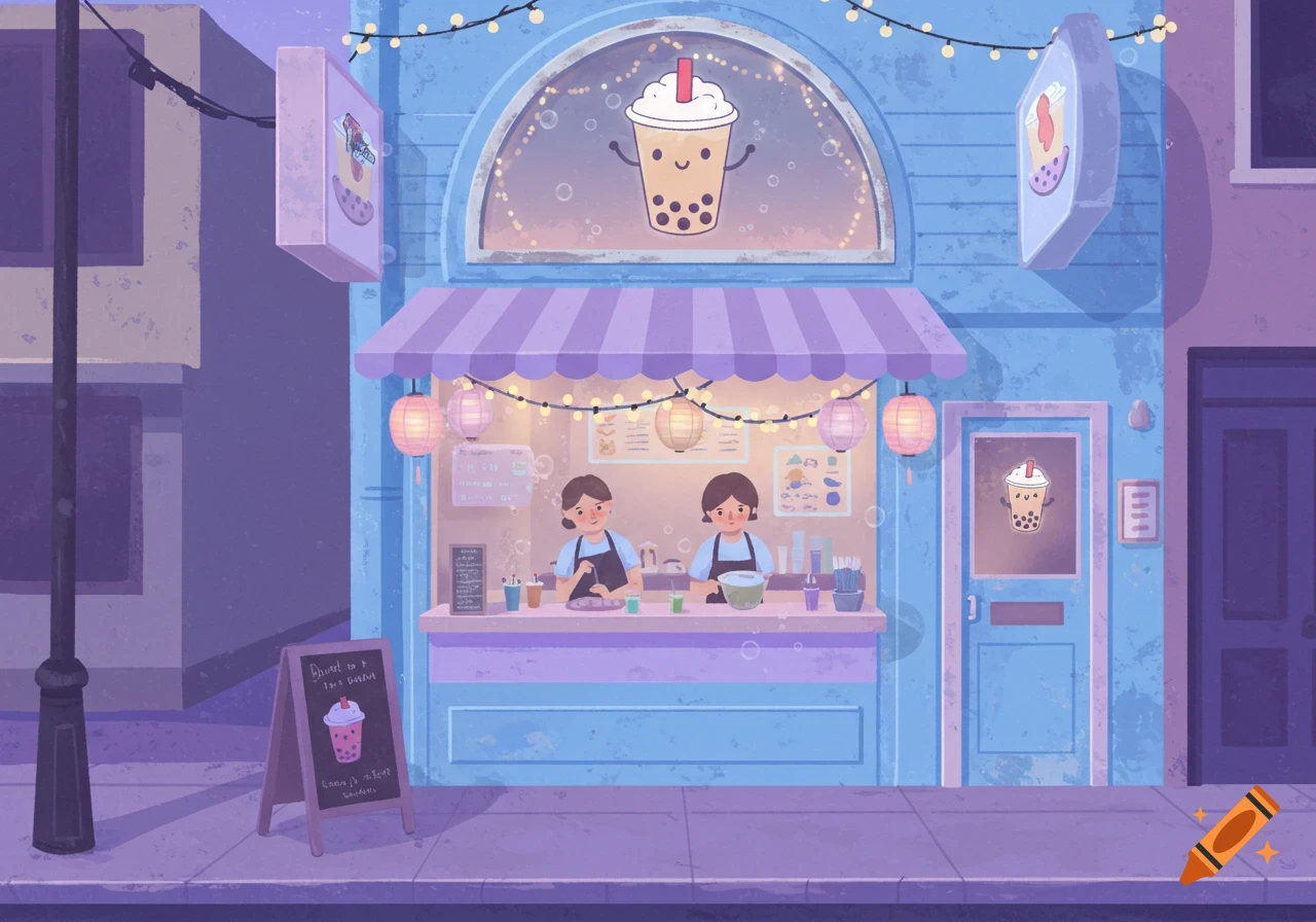 A cute, pastel illustration of a blue and purple boba tea shop with two vendors and a smiling boba drink mascot.