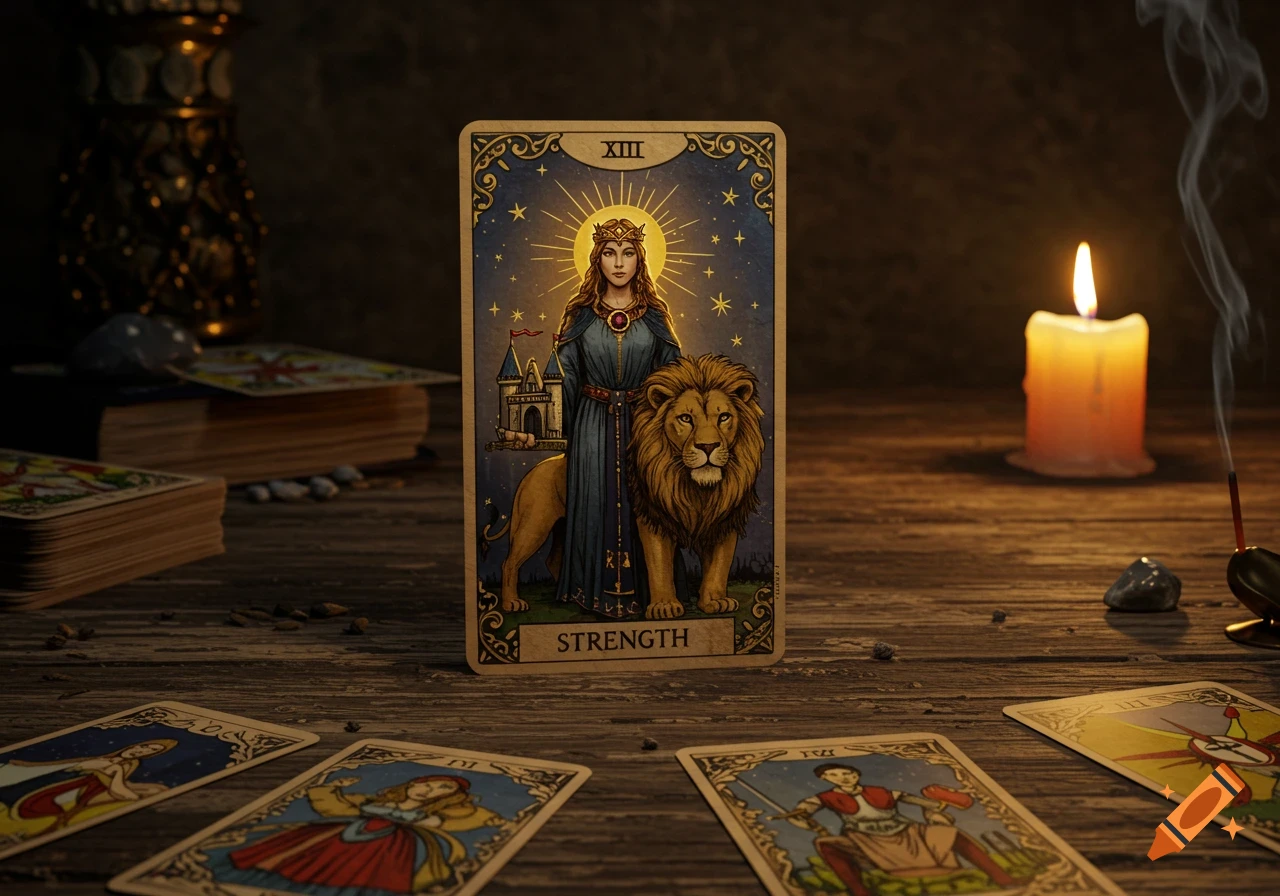 A 'Strength' tarot card with a woman and lion centered on a wooden table, surrounded by other cards, a lit candle, and incense.