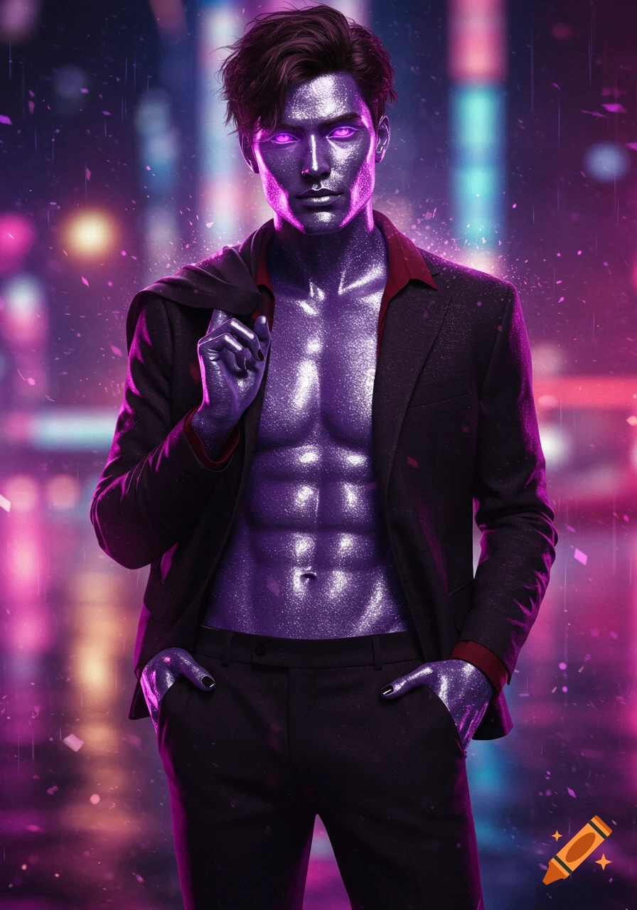A stylized man with glittery purple skin, purple eyes, and dark hair poses with an open black suit jacket and black pants in a neon-lit city.