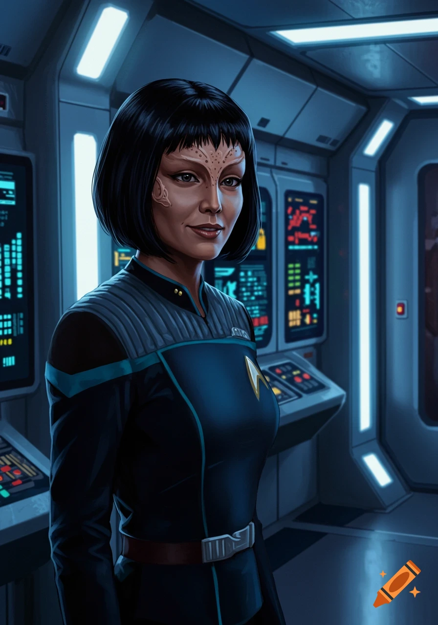 Digital painting of Ezri Dax, a woman with dark hair and facial markings, wearing a dark blue Starfleet uniform in a futuristic spaceship setting.