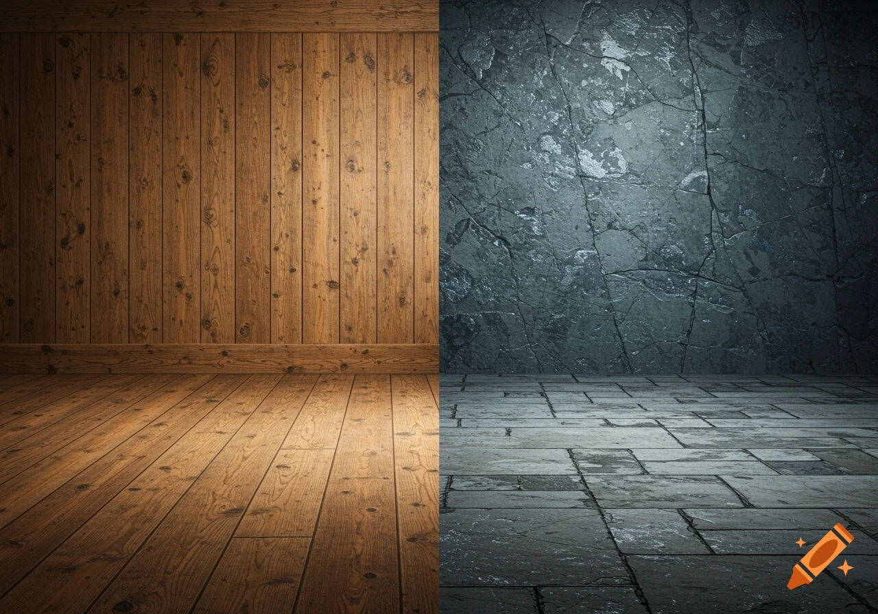 A split room with a light wooden wall and floor on one side, and a dark stone wall and tiled floor on the other.