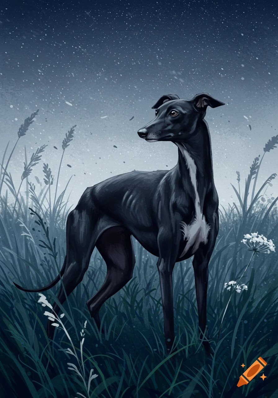 An illustration of a slender black dog with a white chest strip, standing in tall grass under a starry night sky.