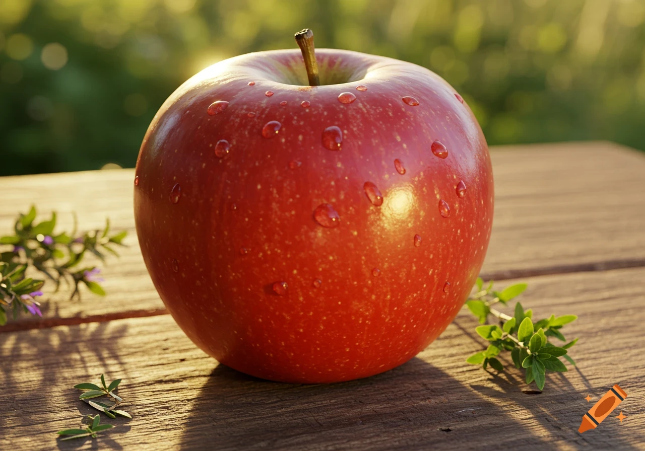 A vibrant red apple covered in dew drops, resting on a rustic wooden surface outdoors.