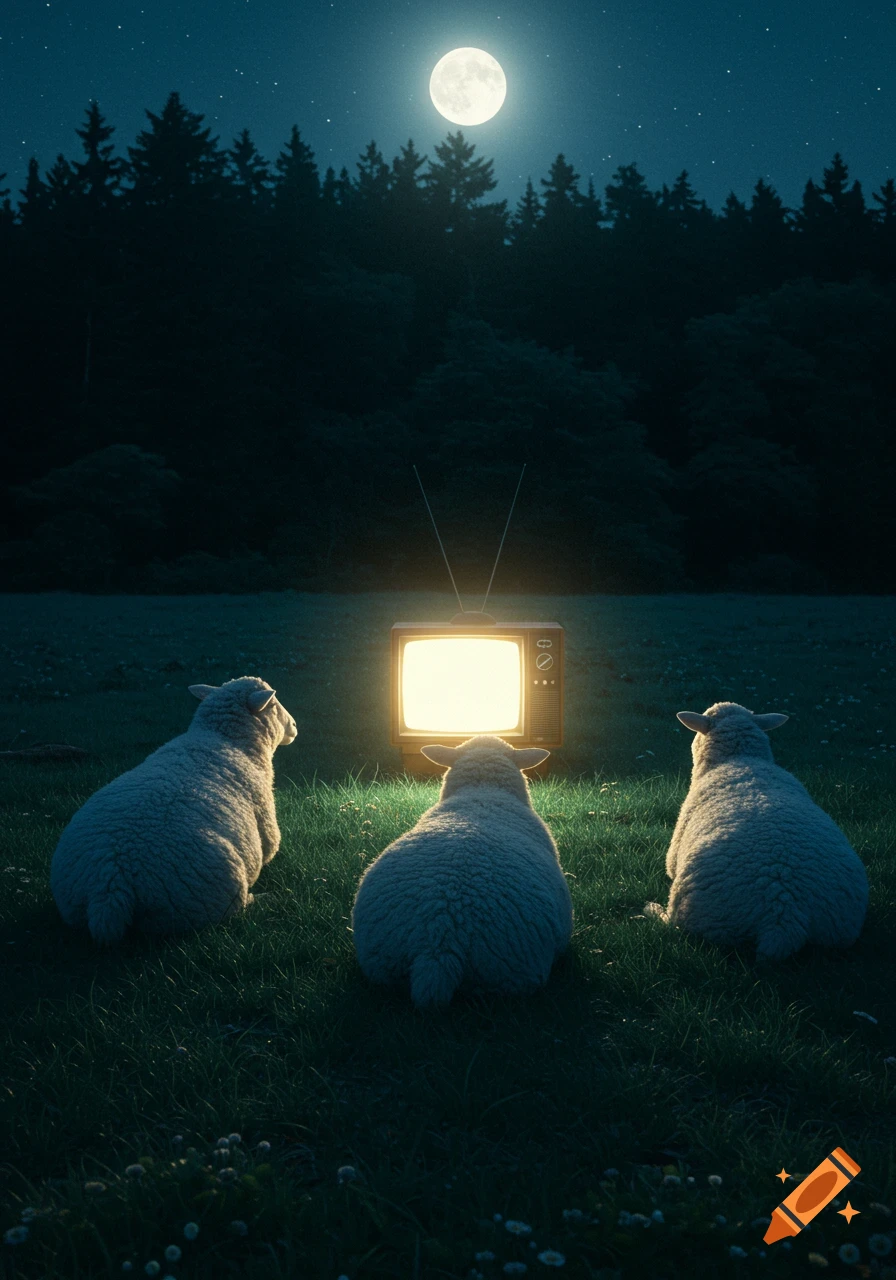 Three sheep sit in a grassy field at night, watching a glowing vintage TV under a full moon.