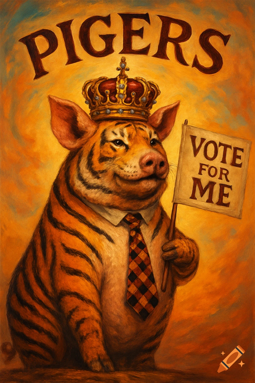 A regal pig-tiger hybrid in a crown and tie holds a 'VOTE FOR ME' sign; 'PIGERS' is above, in a painterly style.