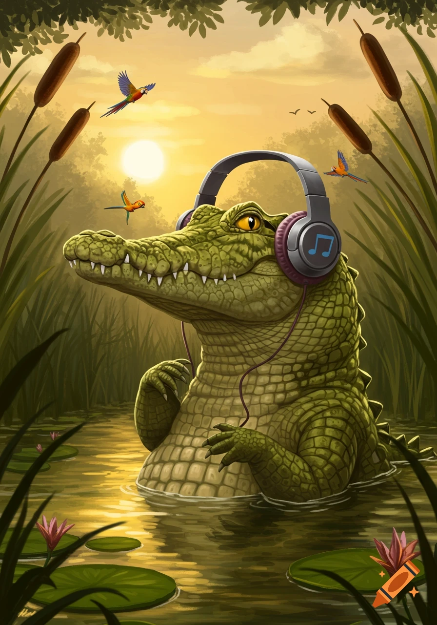 A cartoon crocodile with headphones sits in a golden swamp with lily pads and reeds as parrots fly overhead at sunset.