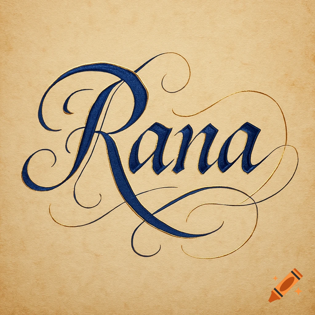 Blue and gold calligraphy of the word 'Rana' on a beige parchment background.