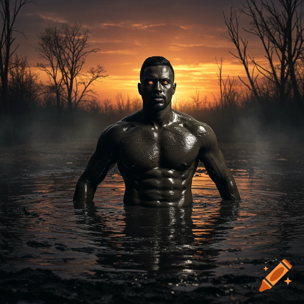 A muscular man covered in mud stands in murky water with glowing orange eyes, silhouetted against a sunset sky and bare trees.