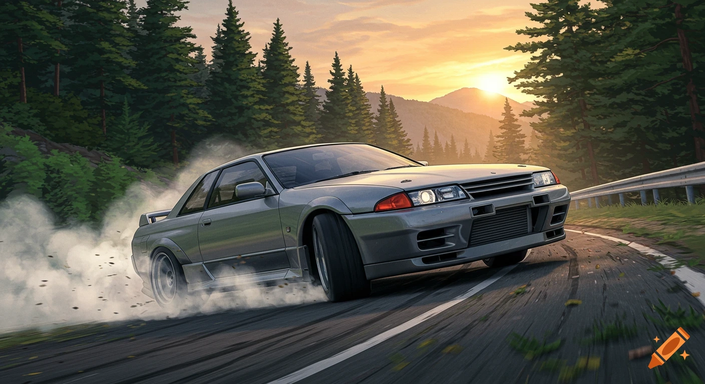 A gray Nissan R32 Skyline GTR drifts on a winding Japanese mountain road at sunset, in manga style.