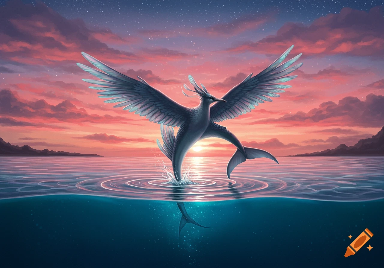 A mythical bird-fish creature with large wings leaps out of the calm water under a colorful sunset and starry sky.