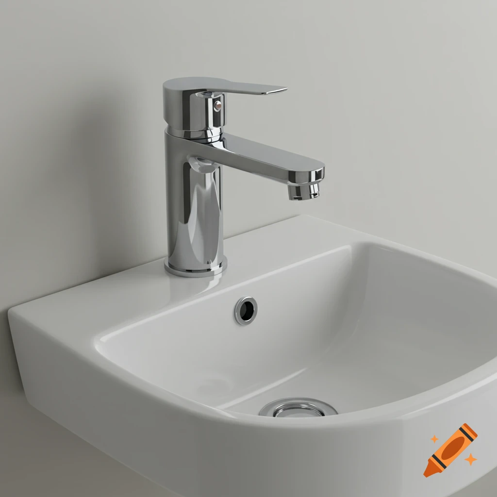 Photorealistic image of a shiny chrome faucet installed on a white wall-mounted sink against a plain background.