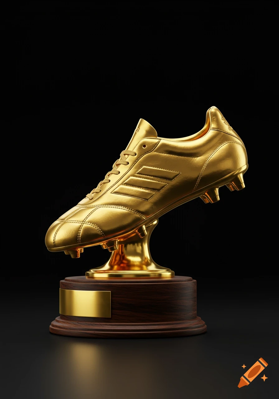 A photorealistic golden soccer boot trophy sits on a dark wooden base with a gold plaque, against a black background.
