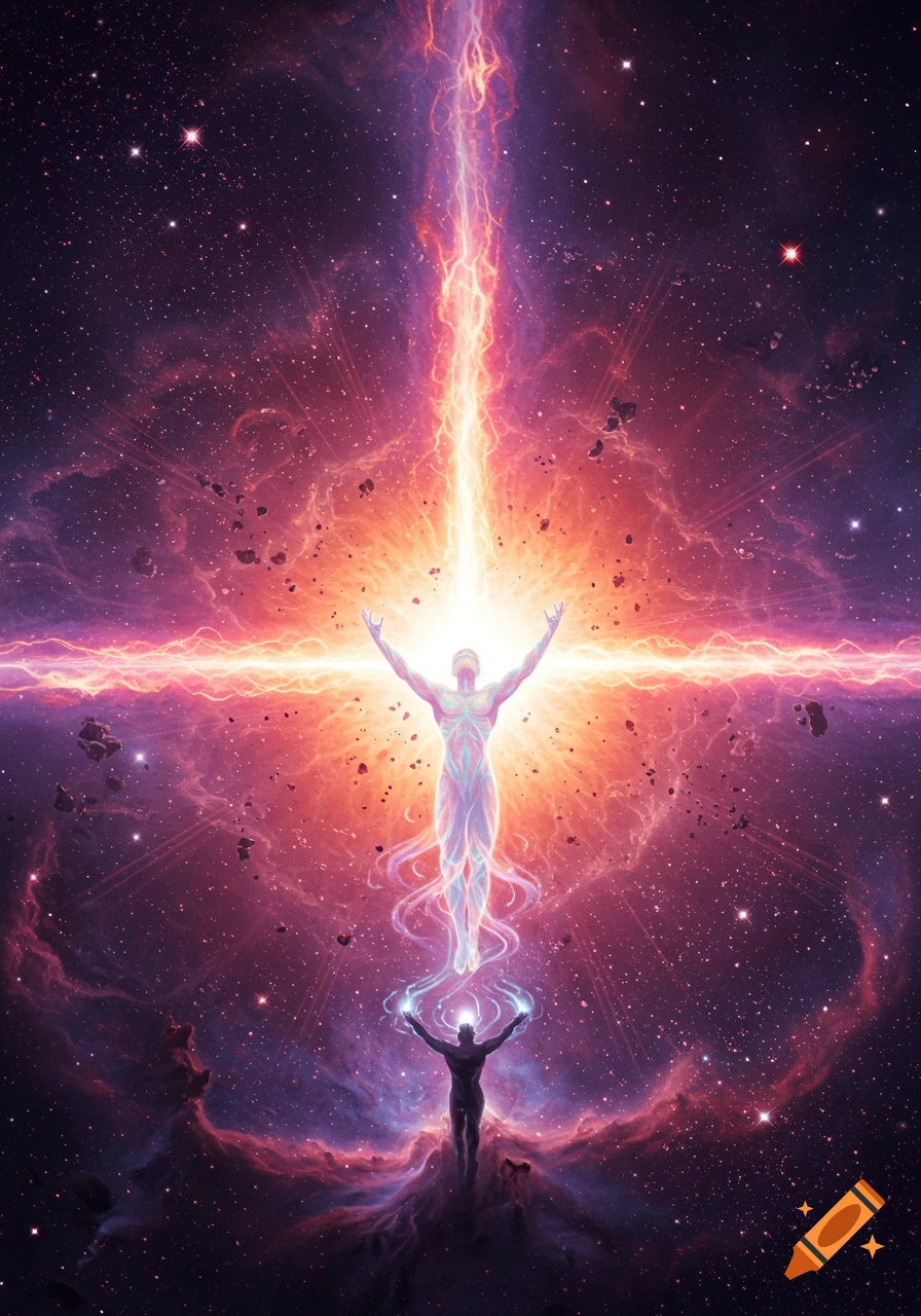 A radiant, ethereal figure ascends from a cosmic explosion in deep space, while another figure below raises its arms towards the vibrant energy.