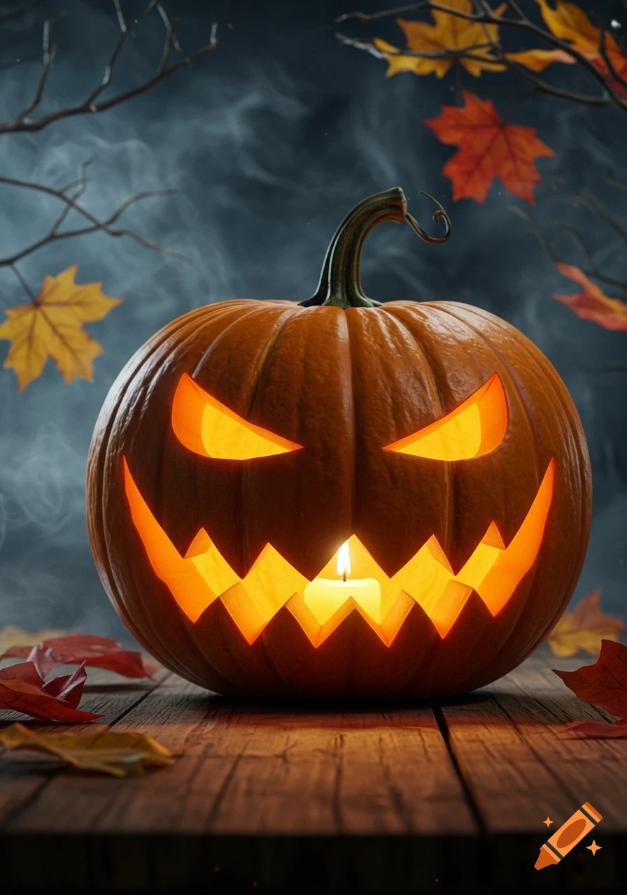 A glowing jack-o'-lantern with a carved spooky face sits on a wooden table, surrounded by fallen autumn leaves and mist.
