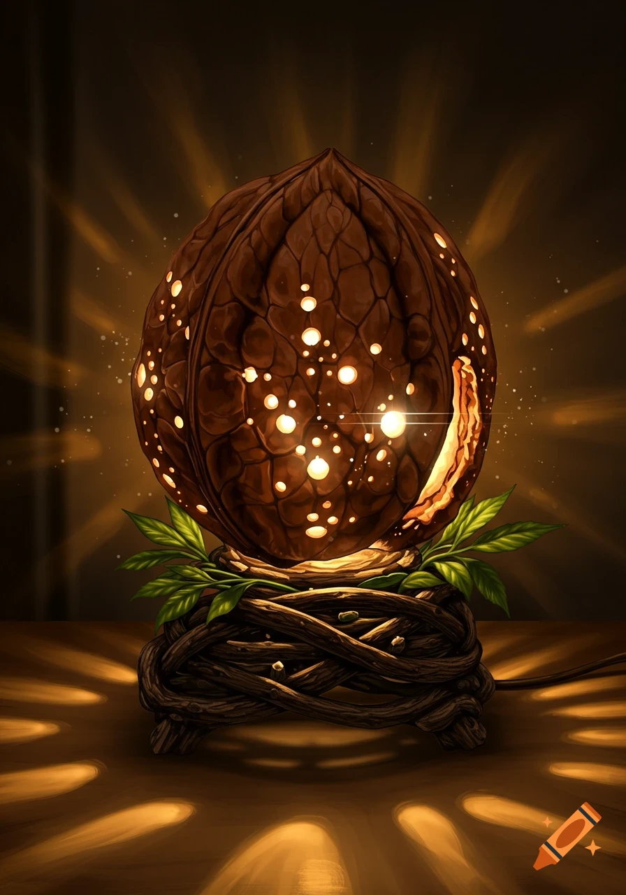 A glowing lamp crafted from an oversized walnut shell sits on a twisted branch base, emitting warm light rays in a detailed illustration.