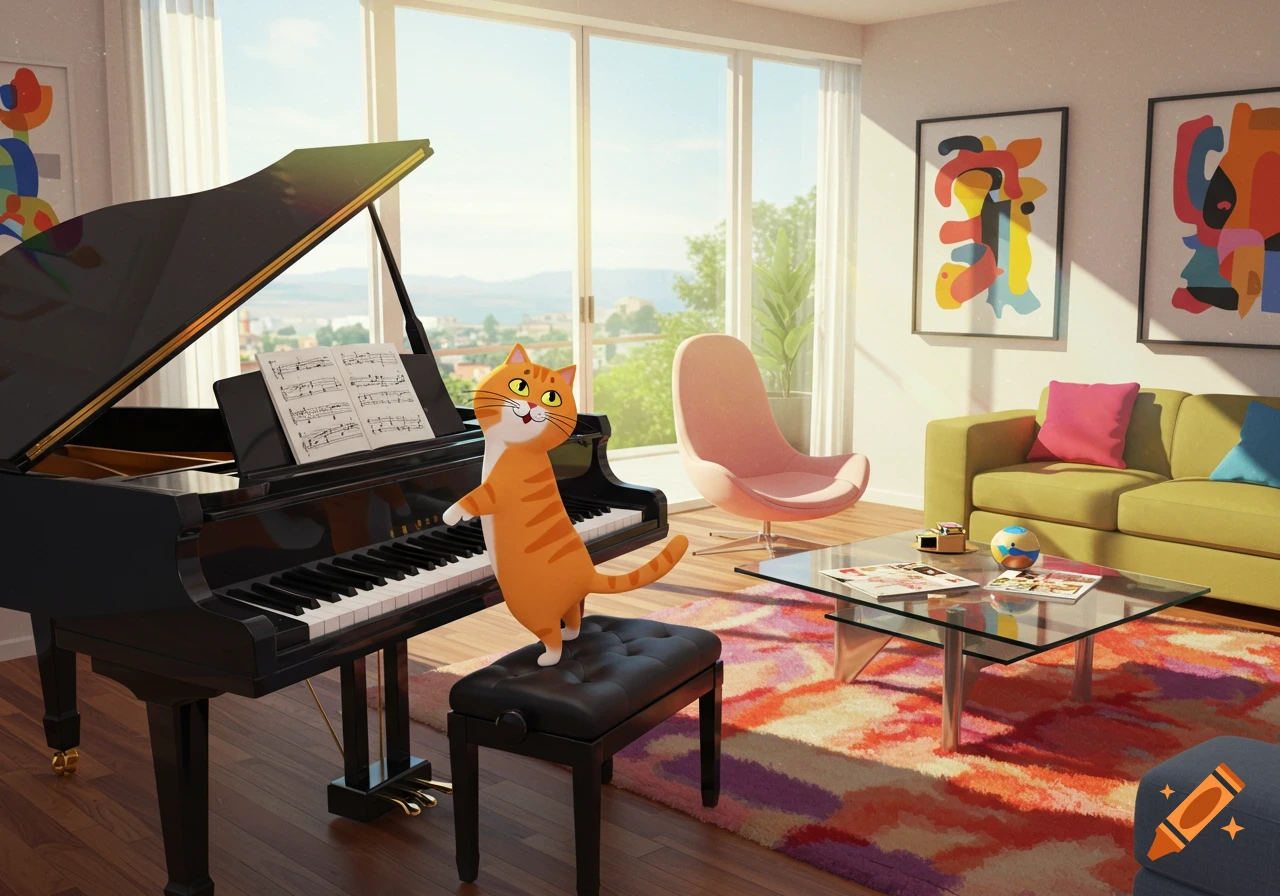A colorful cartoon orange cat plays a grand piano in a modern, sunny living room.