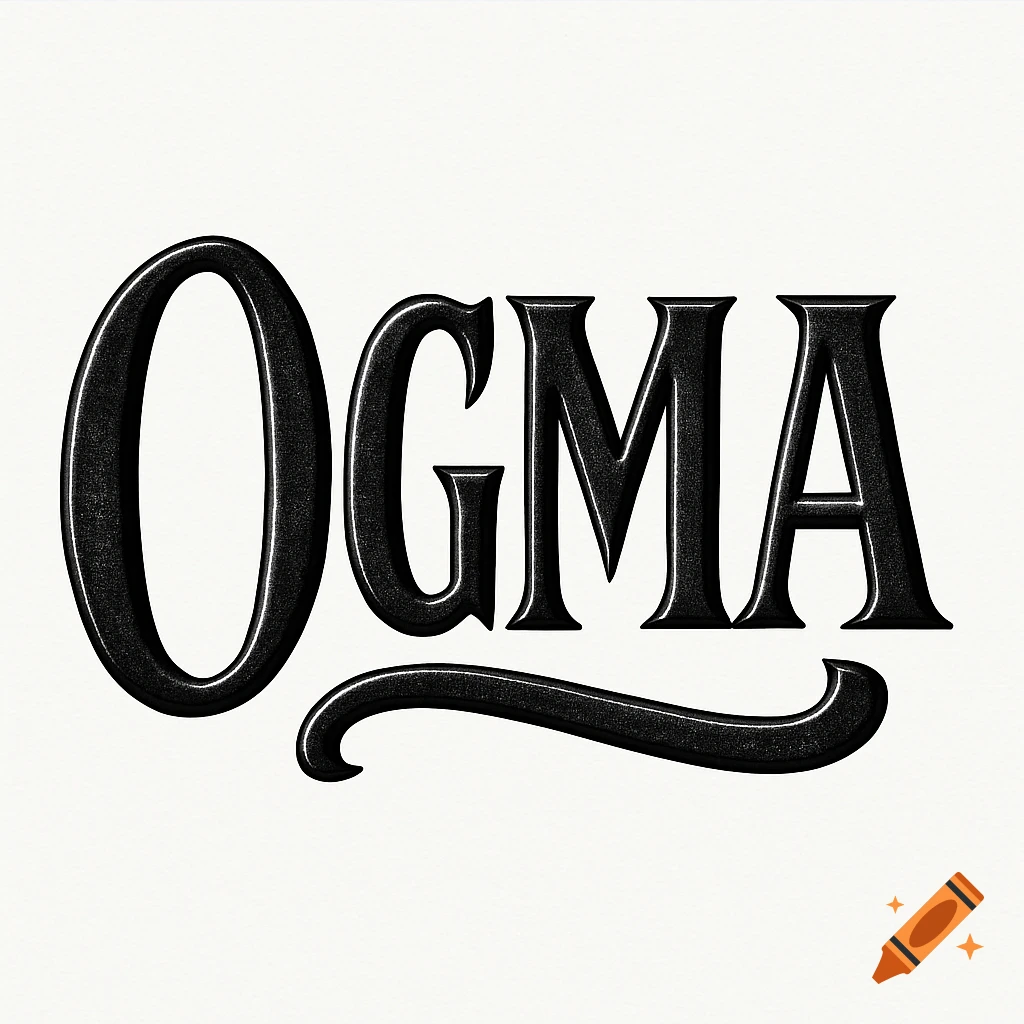 A stylized black and white typeface logo spelling 'OGMA' with a decorative flourish below, combining Tuscan and Irish uncial styles.