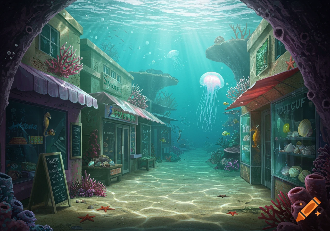 Vibrant illustration of an underwater street with shops, coral, starfish, and jellyfish, under dappled sunlight.