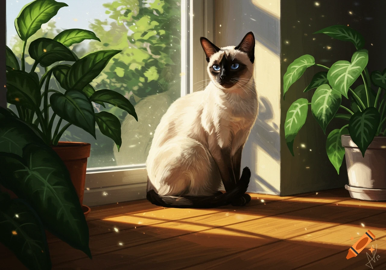 A Siamese cat sits by a sunny window with green potted plants, sunbeams dappling the wooden floor.