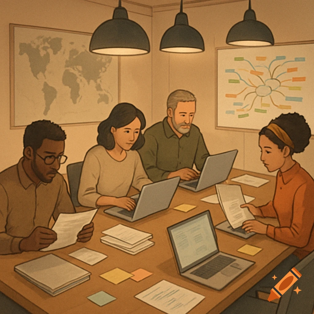 Four people in an illustrated style, working together on laptops and paperwork at a large table in an office.
