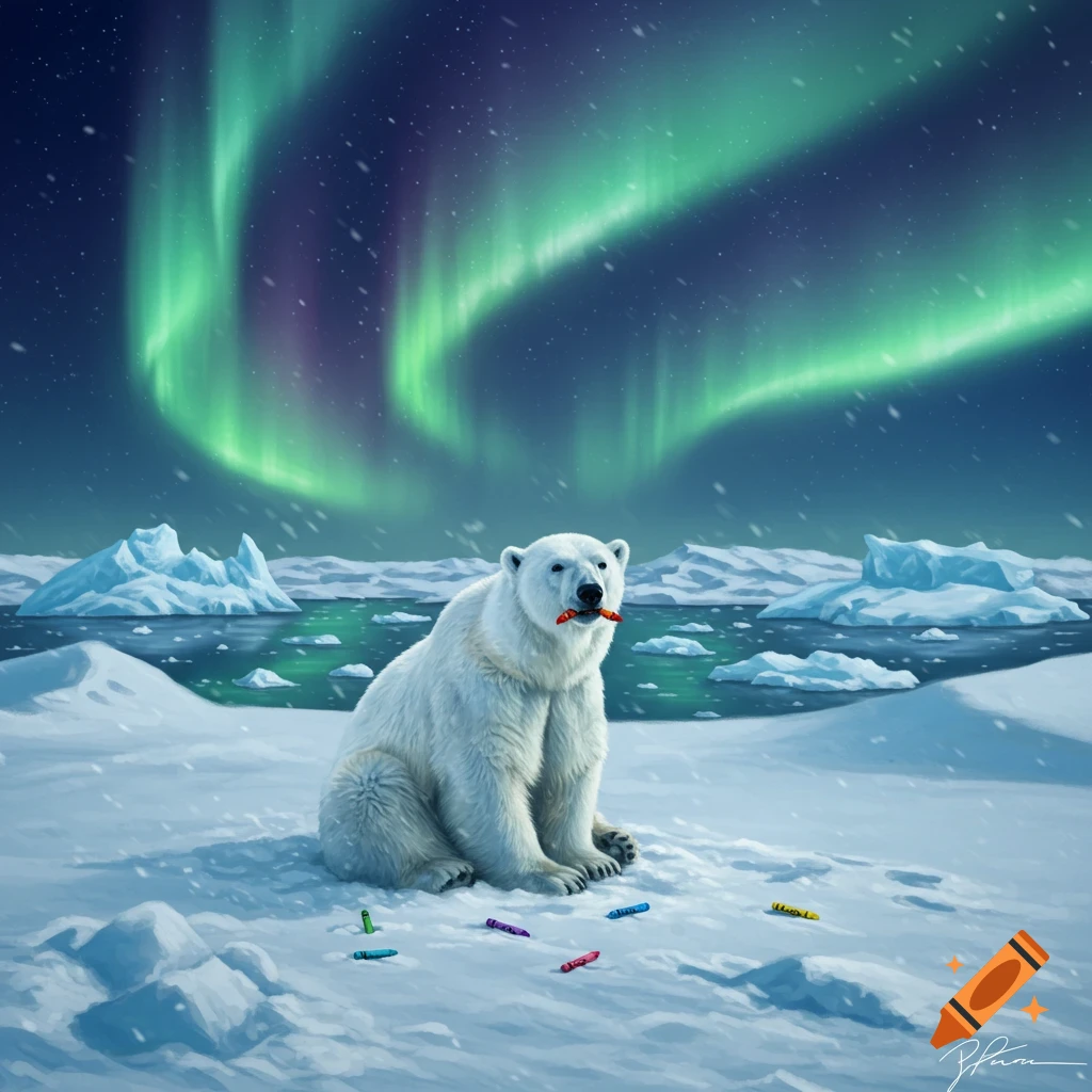 A polar bear sits on snow with a red crayon in its mouth and other crayons around it, under a vibrant green aurora borealis in the Arctic.