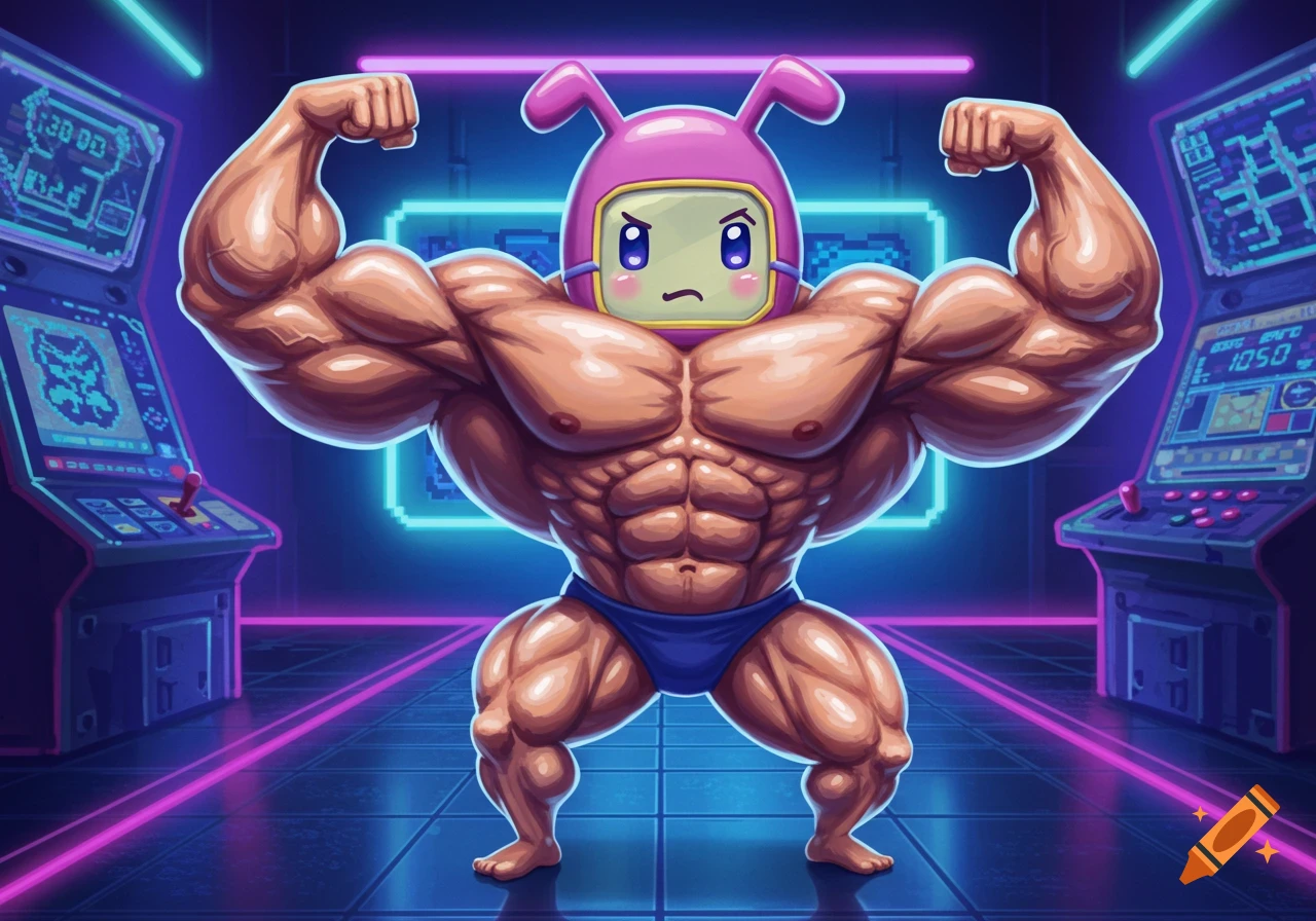 A cartoon character with a pink, bunny-eared Tamagotchi head and enormous muscles flexes in a neon-lit arcade.