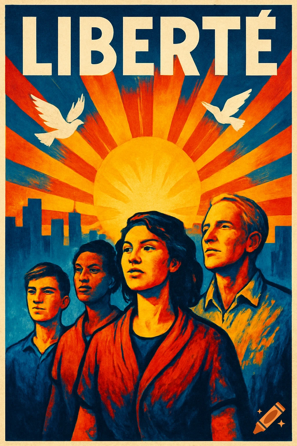 A stylized poster in red, orange, blue, and cream, featuring four diverse people looking forward, with doves flying over a city skyline and a rising sun. The word "LIBERTÉ" is at the top.