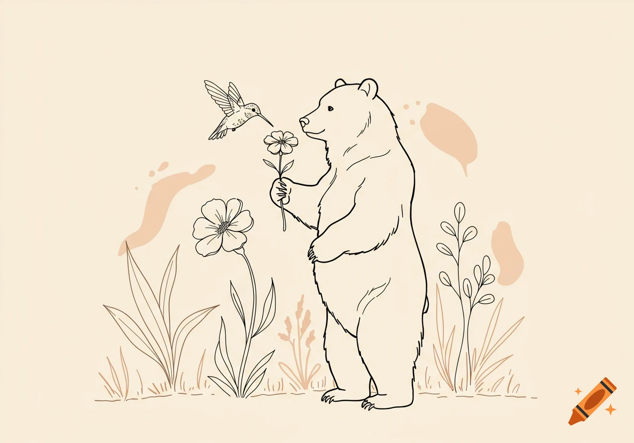 Line drawing of a standing bear holding a flower while a hummingbird feeds from it, with subtle background plants.