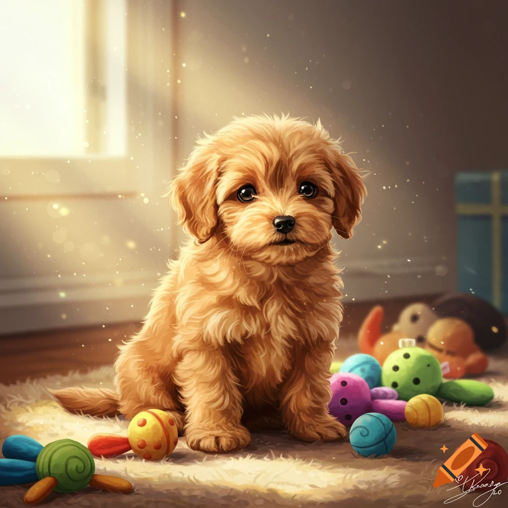 A fluffy golden puppy with big dark eyes sits on a rug, surrounded by colorful toys, in a softly lit room.