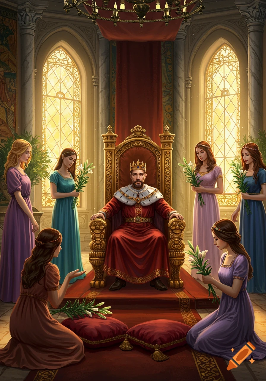 A king in regal robes sits on a golden throne, surrounded by women offering white flowers in a grand, stained-glass hall, digital painting.