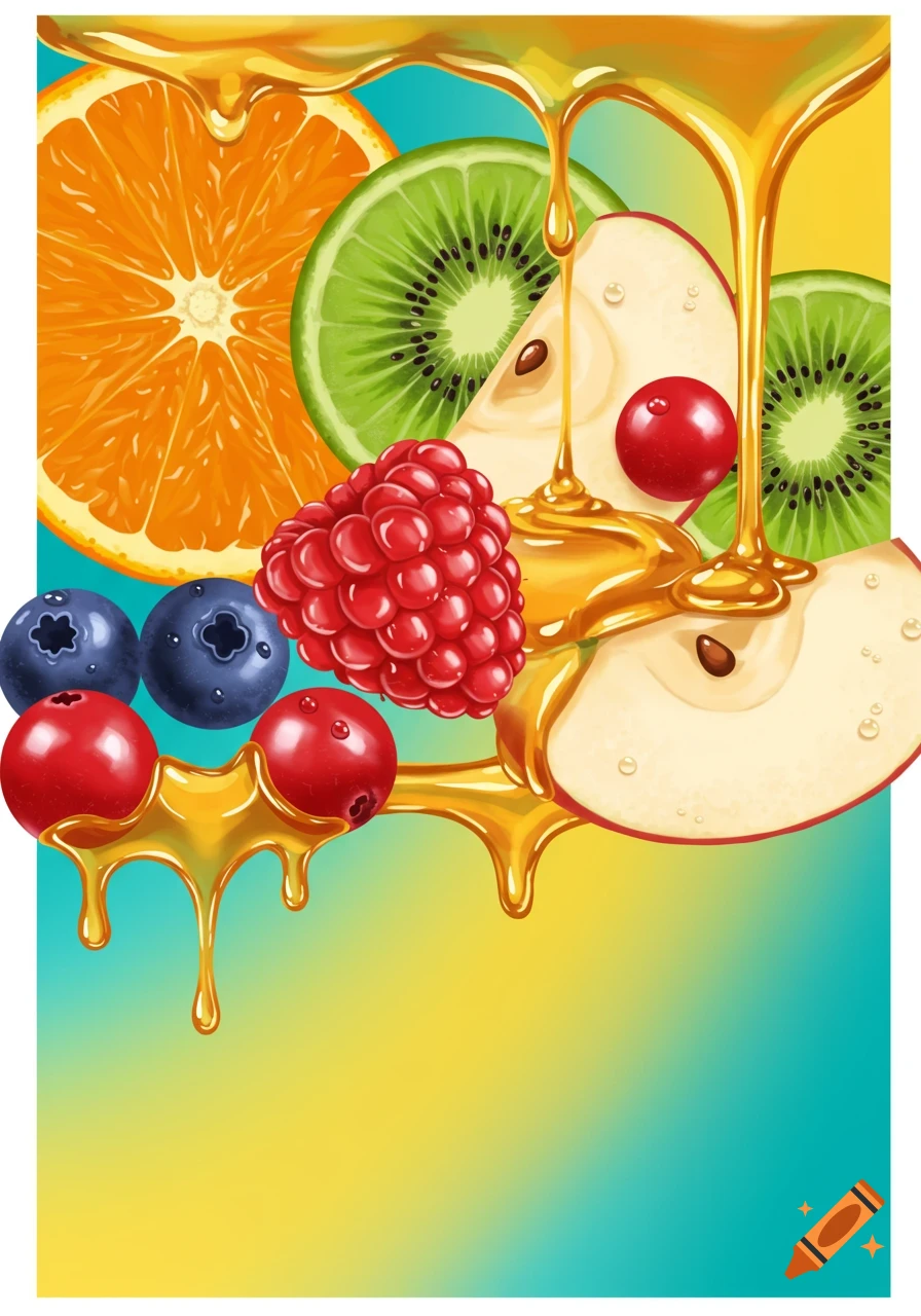 Vibrant illustration of sliced orange, kiwi, apple, raspberries, blueberries, and cranberries with golden honey dripping over a teal and yellow background.