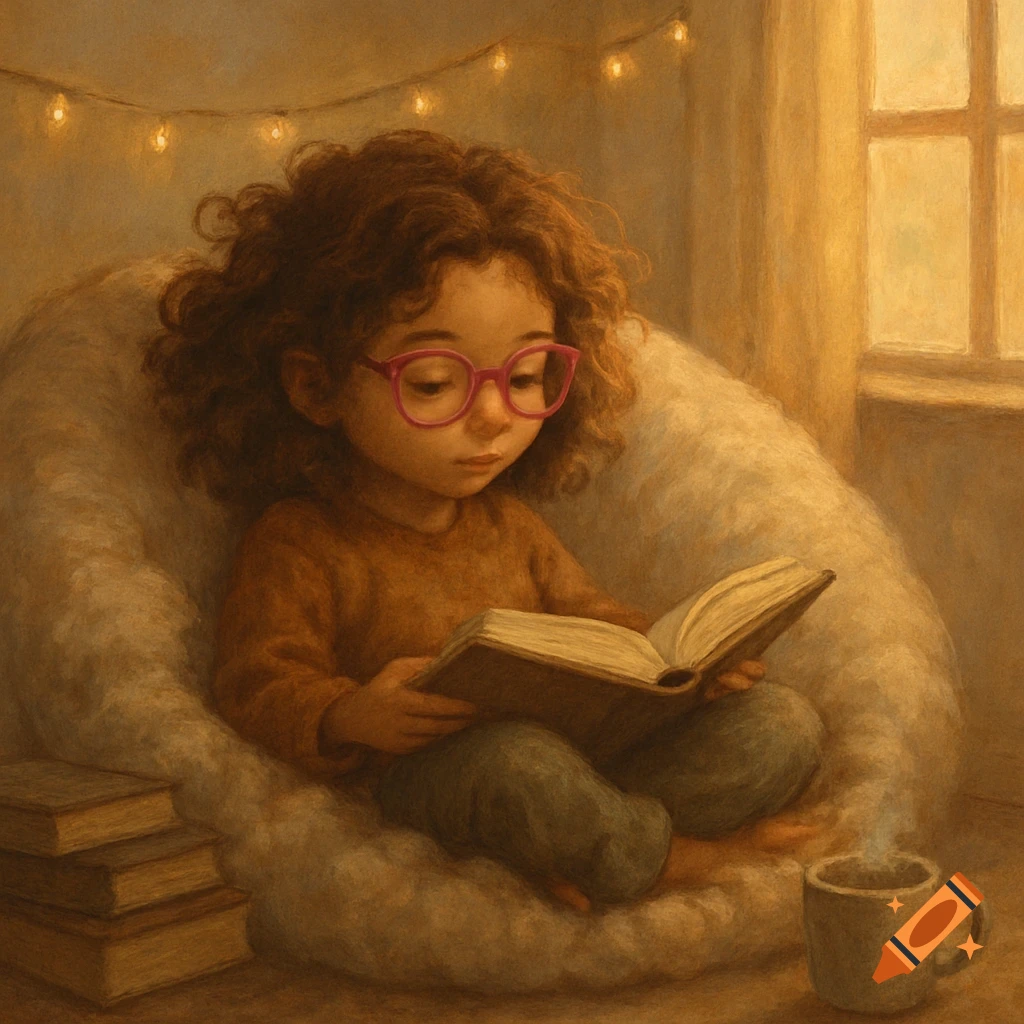 A curly-haired girl in pink glasses reads a book in a fluffy bean bag chair next to a steaming mug, in a warm, cozy illustration.