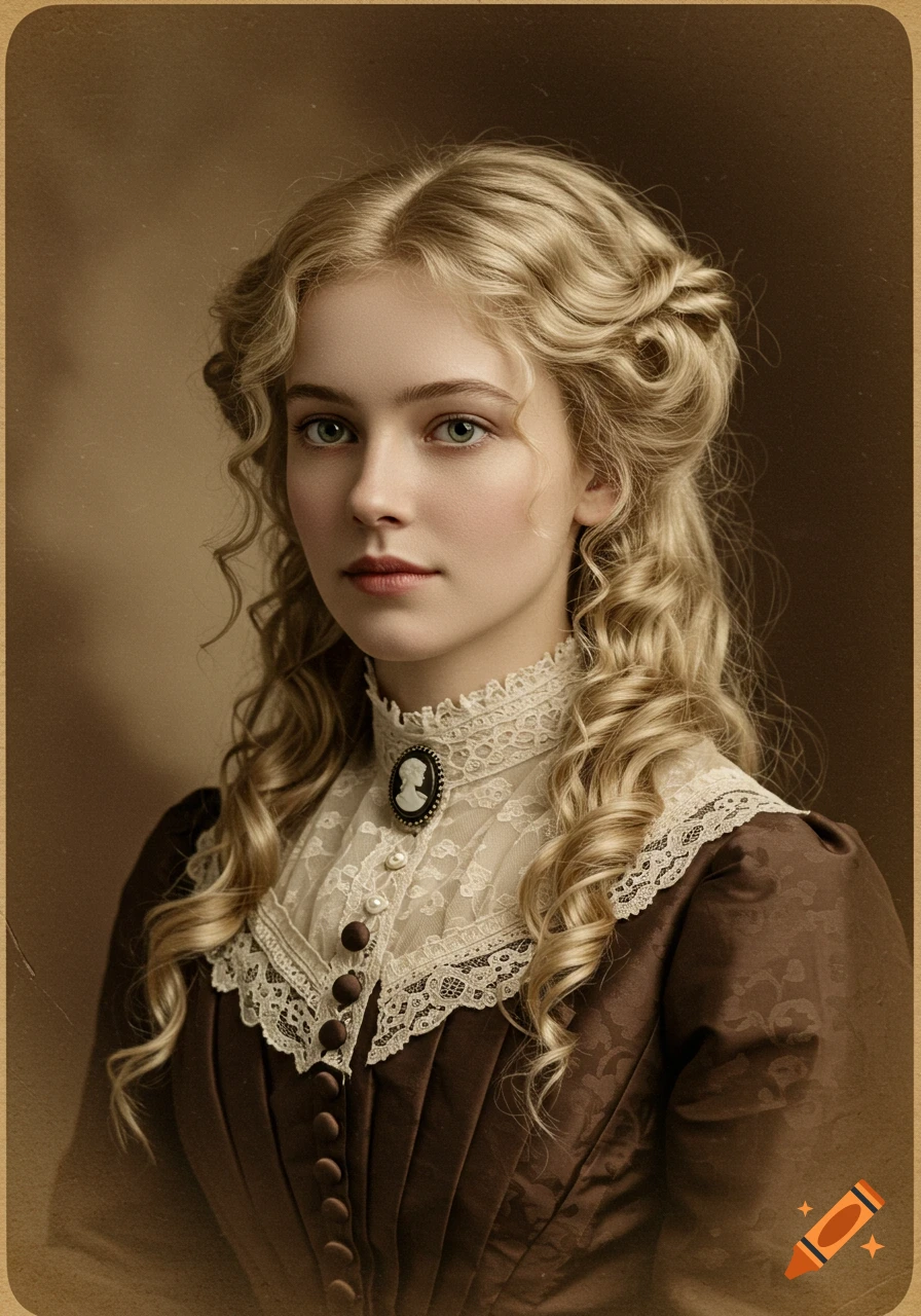 Portrait of a young blonde woman in a Victorian-era dress with a lace collar and cameo brooch, styled as an antique cabinet card.