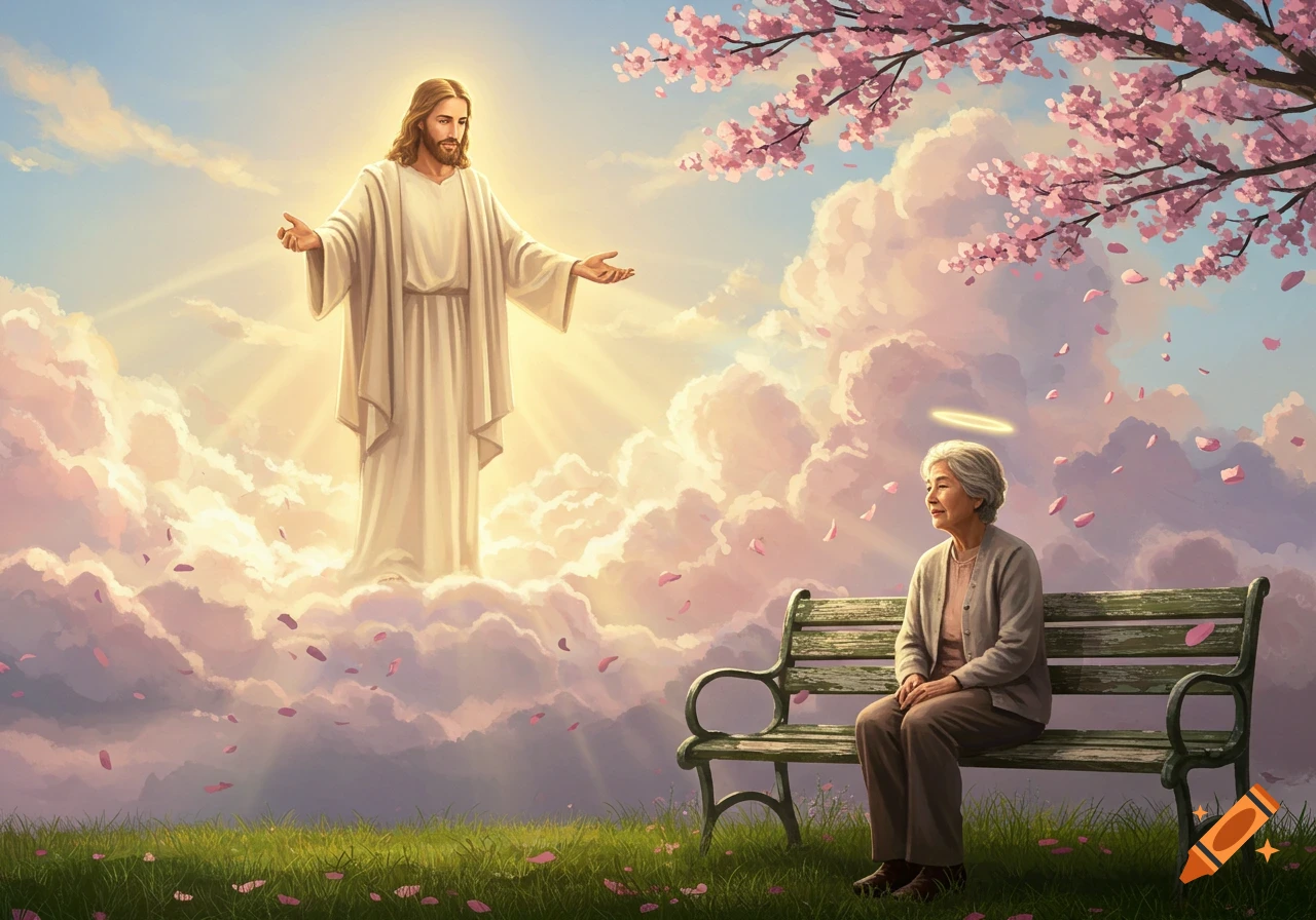 Jesus in radiant light appears on clouds before an old woman with a halo sitting on a park bench, surrounded by cherry blossoms.