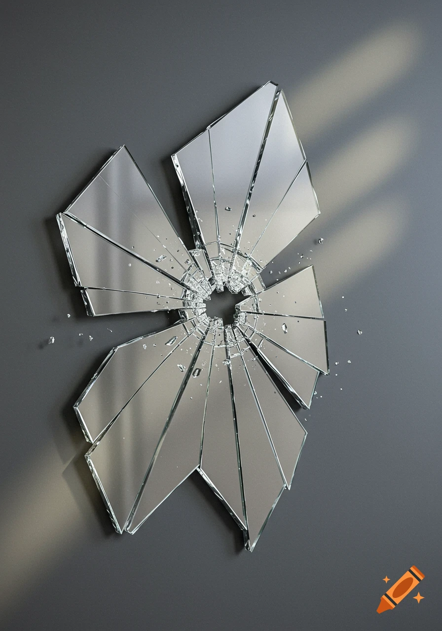 Shattered mirror shards arranged in a circular pattern on a gray background with light and shadow.