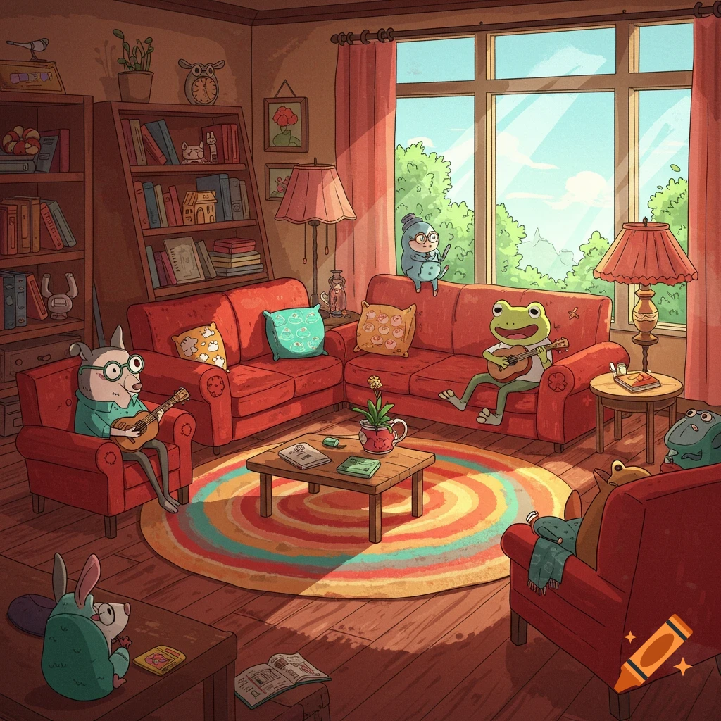 Cartoon anthropomorphic animals play ukuleles and relax in a cozy living room with a colorful rug.