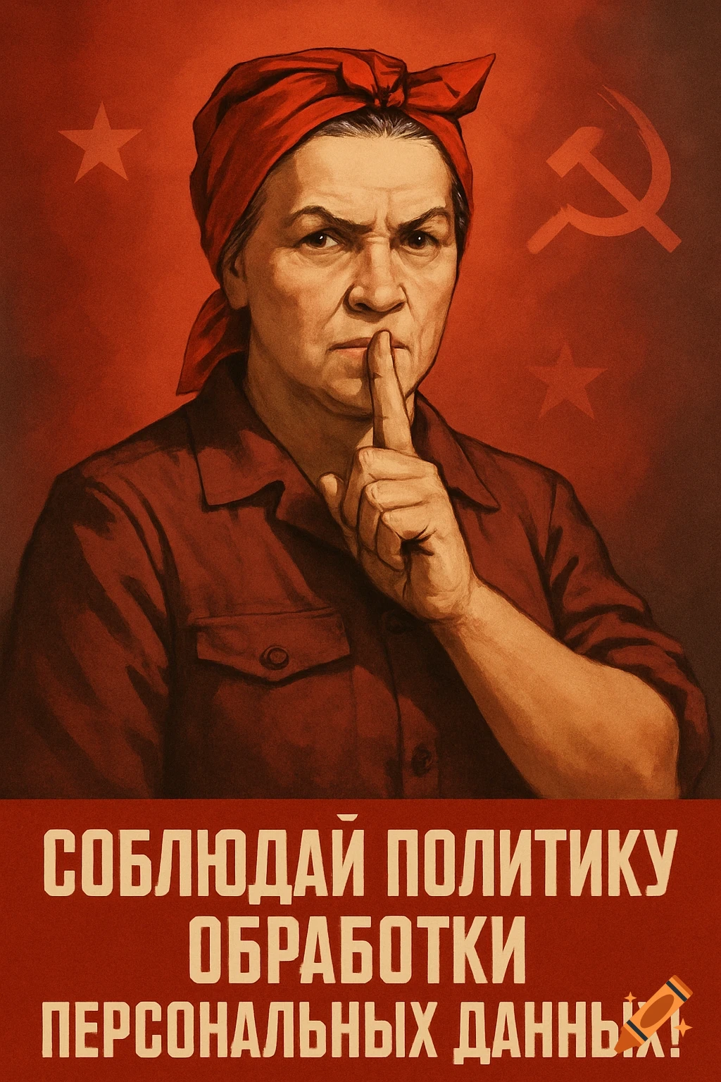A stern woman in a red headscarf shushing on a Soviet-style propaganda poster with hammer and sickle, and Russian text.