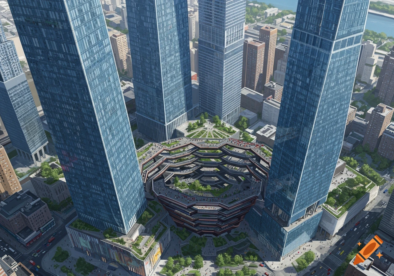 An aerial view of Hudson Yards, featuring modern glass skyscrapers surrounding the intricate, multi-level 'The Vessel' structure.