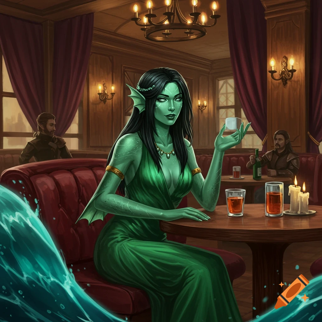 A green-skinned female water genasi in a green dress sits at a tavern table, holding a drink, in a digital illustration.
