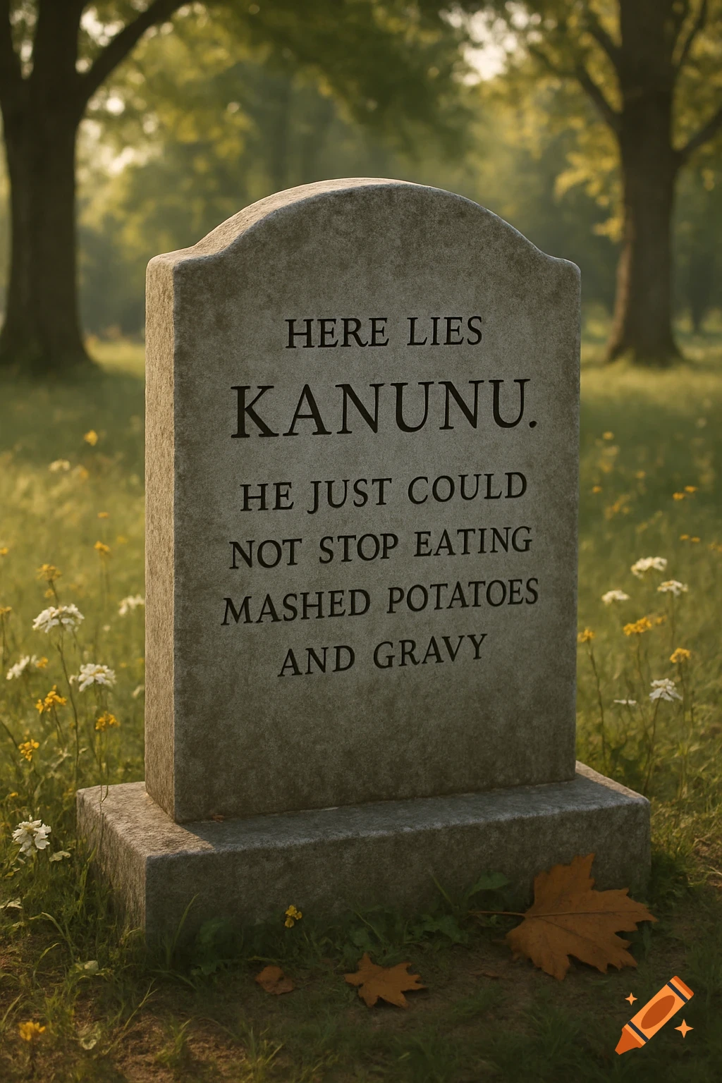 A close-up of a gray gravestone in a sunlit field. The inscription reads, "Here lies Kanunu. He just could not stop eating mashed potatoes and gravy."