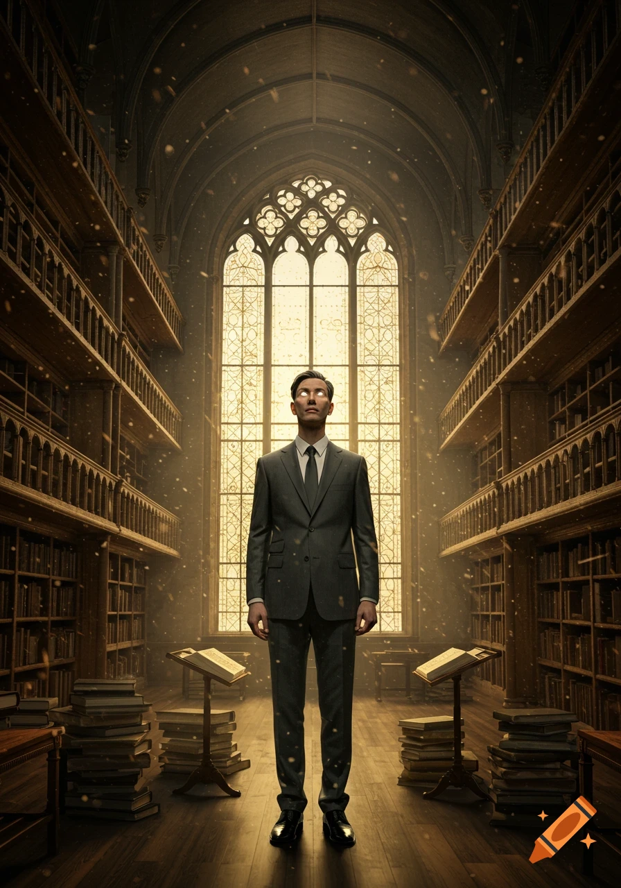 A man in a suit with glowing eyes stands in a grand, mystical library with tall bookshelves and a large, ornate window at the end.