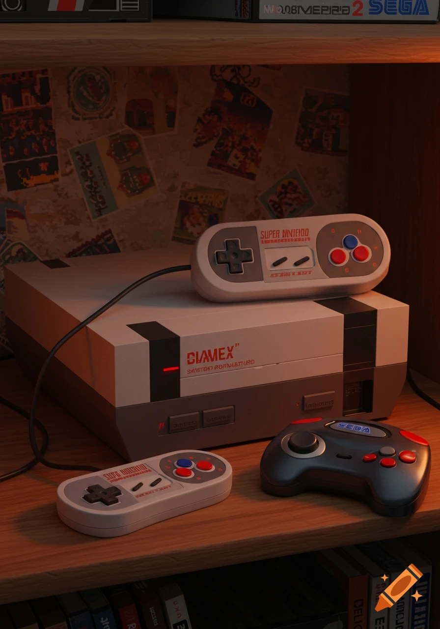 A Super Nintendo controller rests on a gray and red NES-like console labeled "SIAMEX" and "SAYSTON RORNLETTRURO." A Sega controller and another SNES controller sit on a wooden shelf, with game boxes visible above and below, and retro posters on the back wall, all bathed in warm, soft light.