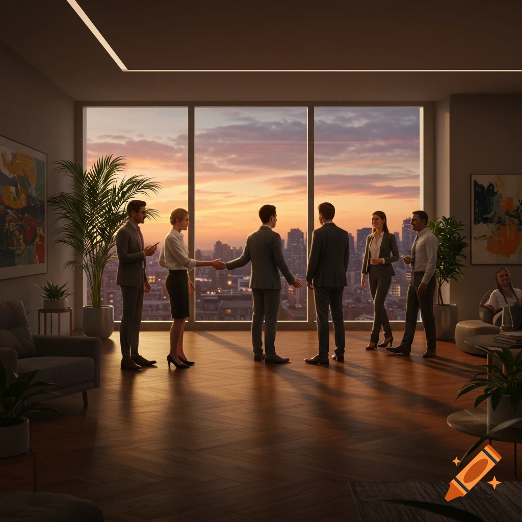 Business professionals shaking hands and conversing in a modern office with a sunset city skyline view, photorealistic.