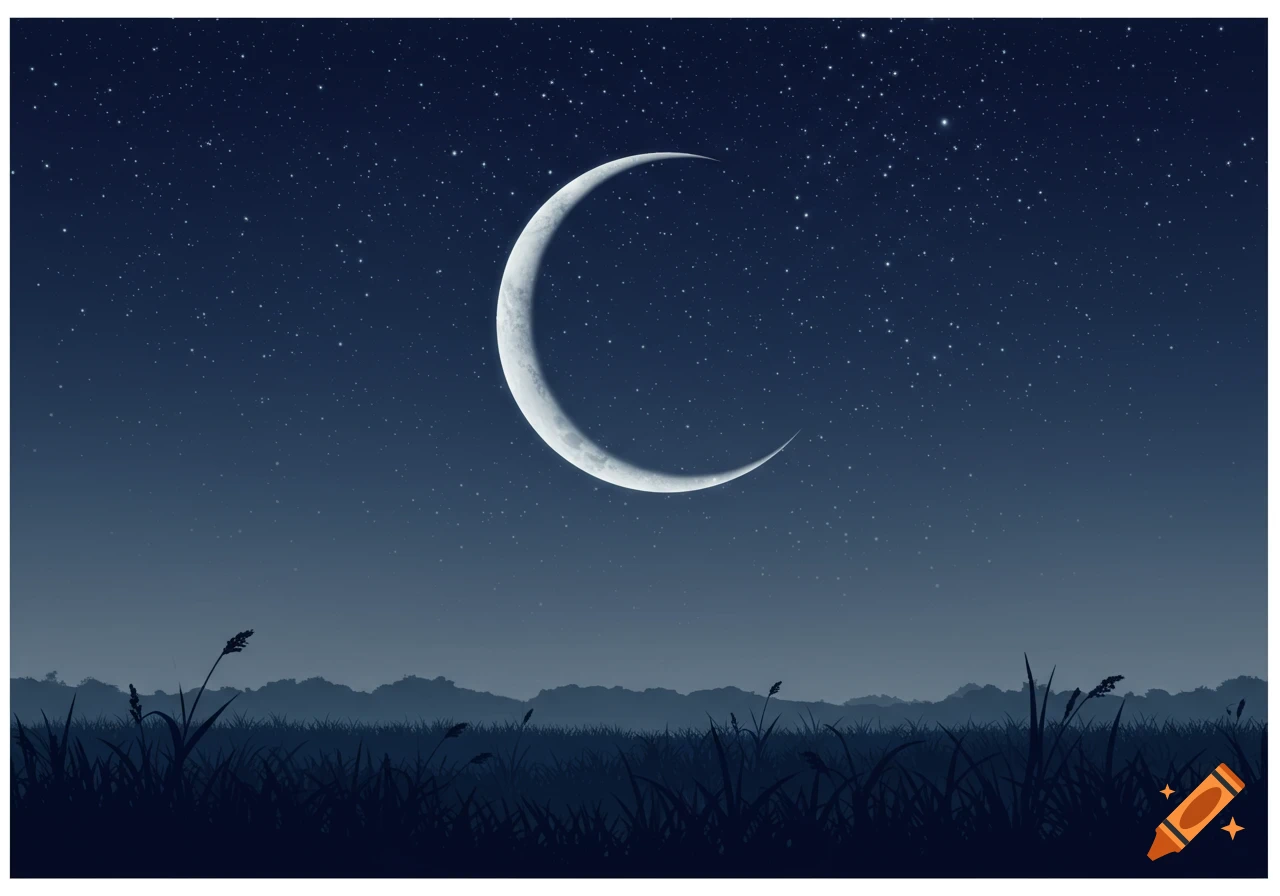 A brilliant white crescent moon shines in a dark blue, starry night sky above a silhouetted landscape of grass and rolling hills.