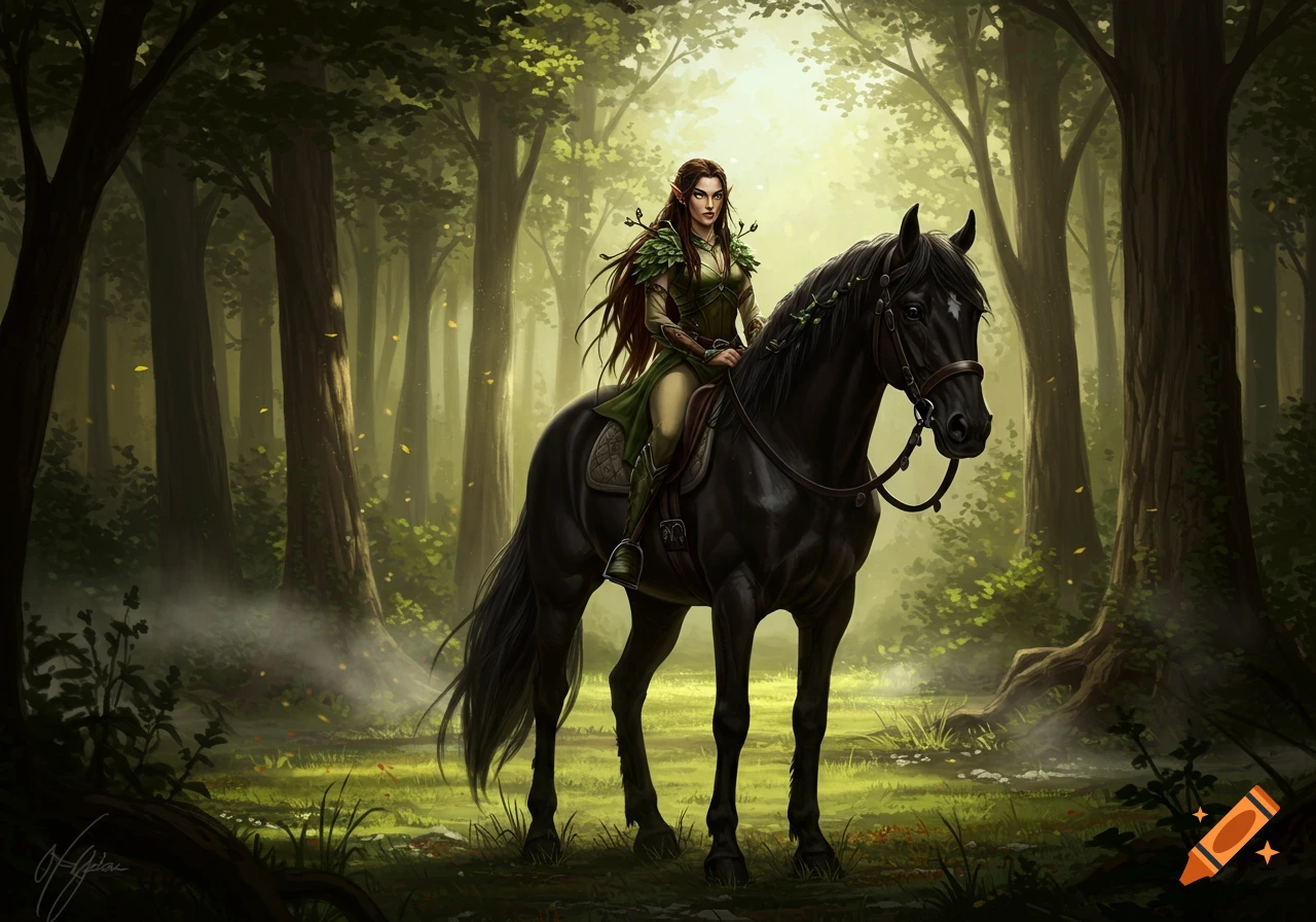 An elf woman with long brown hair rides a black horse through a sunlit, misty fantasy forest.