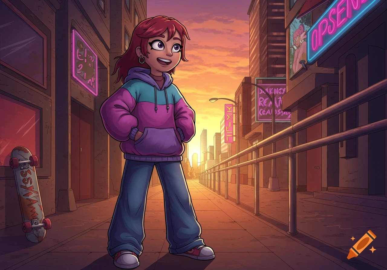 A smiling cartoon girl with red hair, wearing a purple and teal hoodie and jeans, stands on a city street at sunset with neon signs in the background and a skateboard nearby.