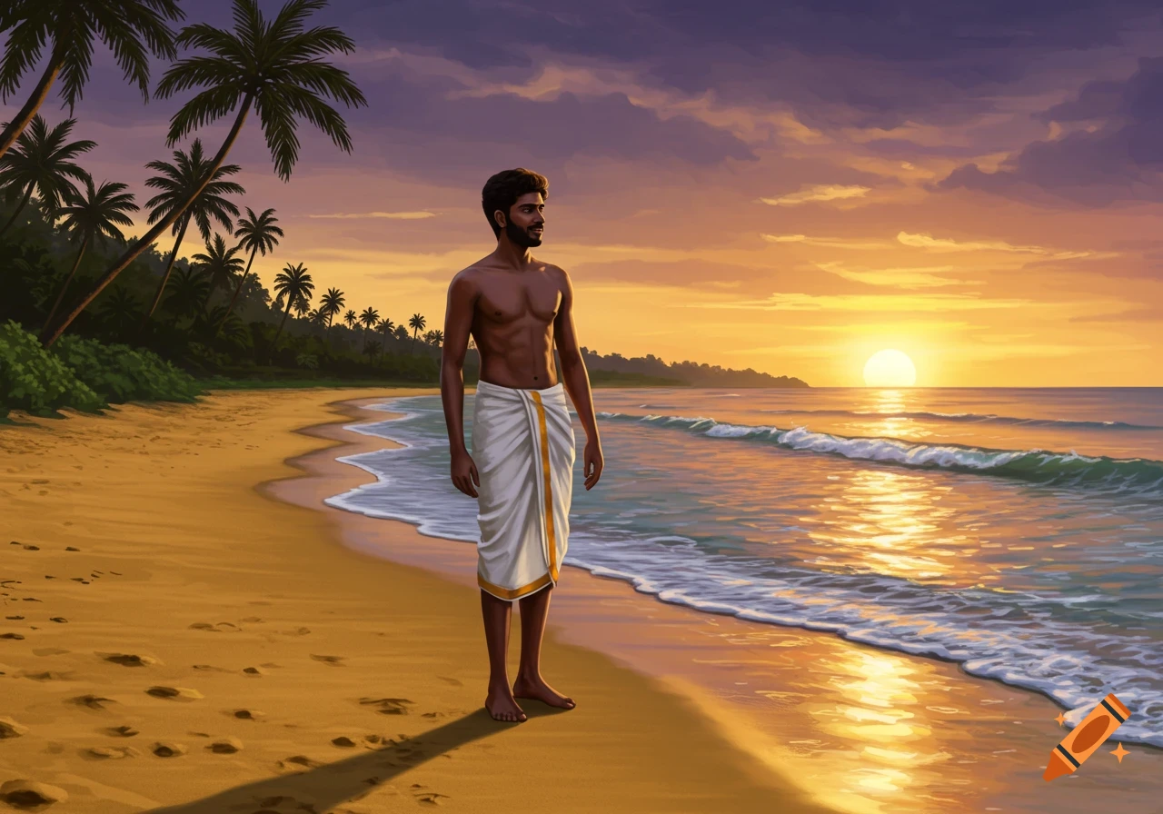 An illustration of a lean Tamil man in a white dhoti standing on a sandy beach, gazing at the ocean during sunset with palm trees.
