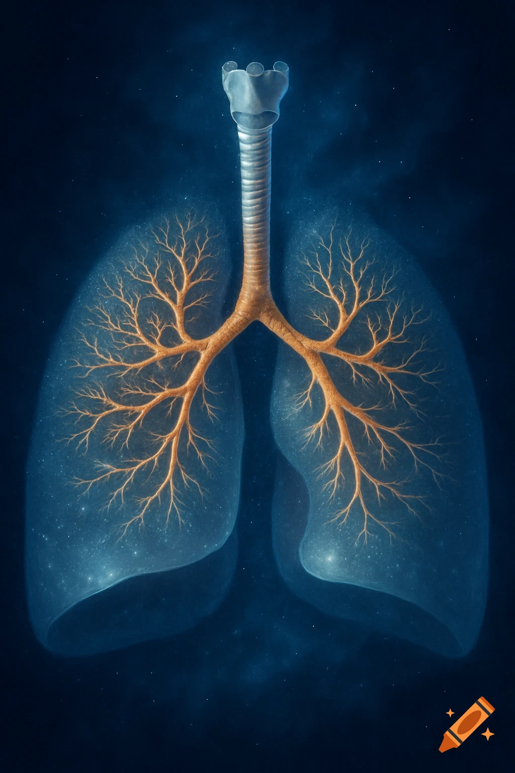 Stylized human lungs and respiratory system with golden bronchi on a dark blue, starry background.